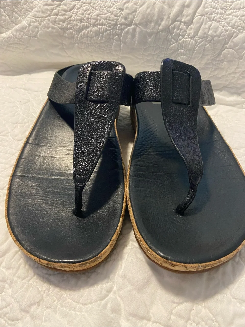 FitFlop ibiza size 8 Black Cork Wedge Thong Sandals - Sleek Leather Straps
